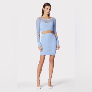 HARVE LEGER PARIS MIXED RIB POINTELLE OFF TOP & MINI SKIRT (glacier)
